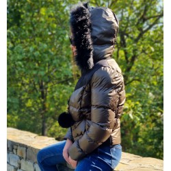 Дамско пухено яке с качулка, City Angels Jeans, Кафяво, 6829